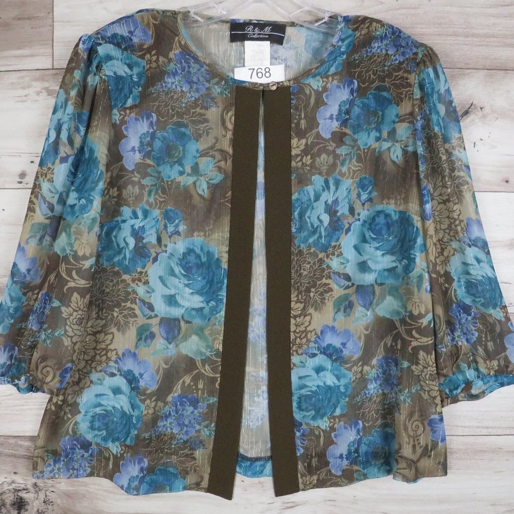 R & M Collection* Women's Puffy 3/4 Sleeve Boat Neck Padded Shoulders Blouse~ 16